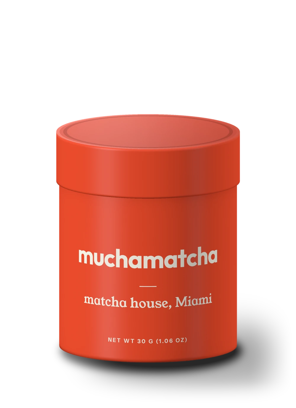 Mucha Matcha tin, 30 g, in matte vermilion with a cream wordmark