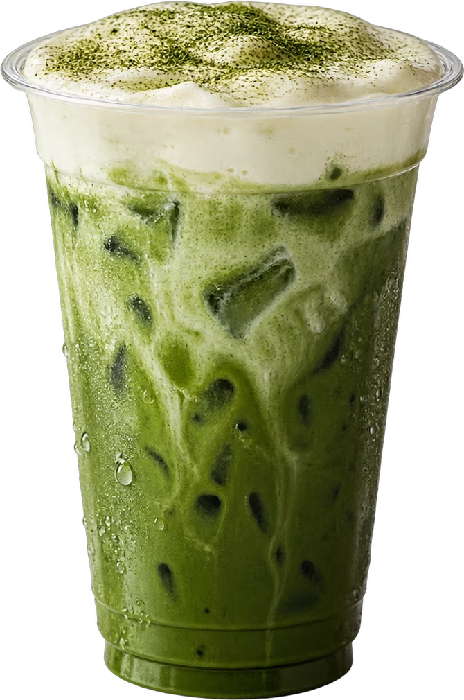 A Mucha Matcha Einspänner: iced matcha under sea salt cream dusted with matcha