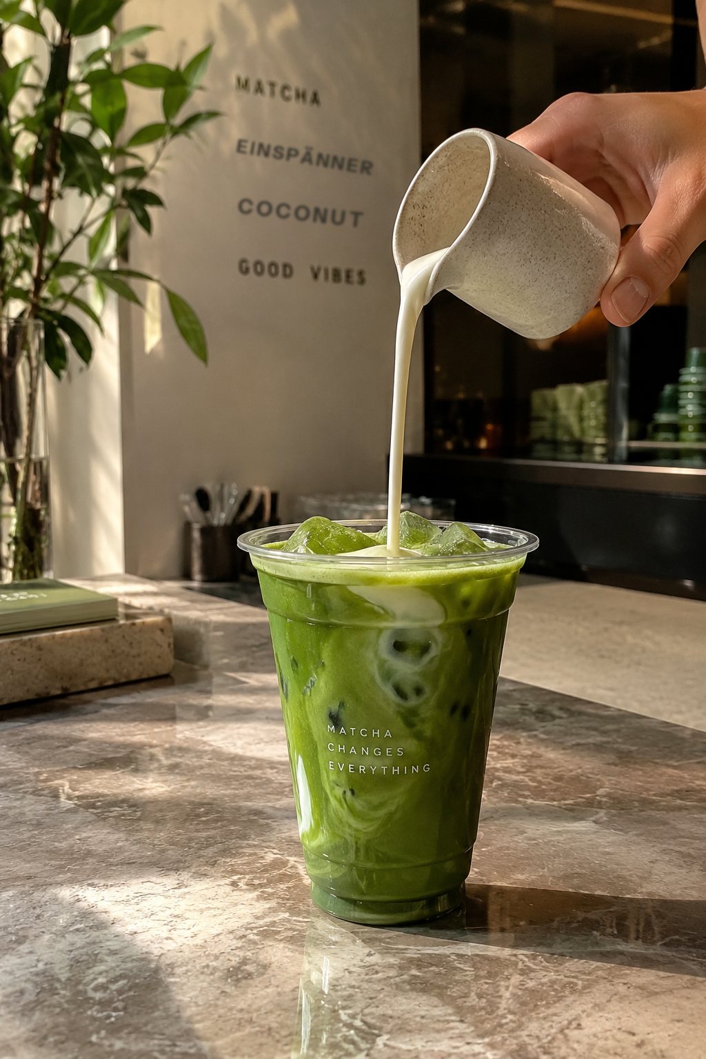 Cold milk being poured over an iced matcha latte on a marble counter