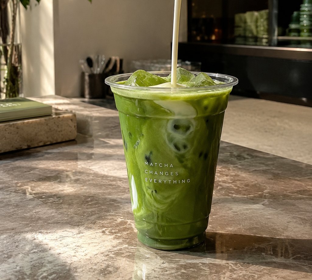 Milk being poured into an iced matcha latte on a marble counter in soft morning light
